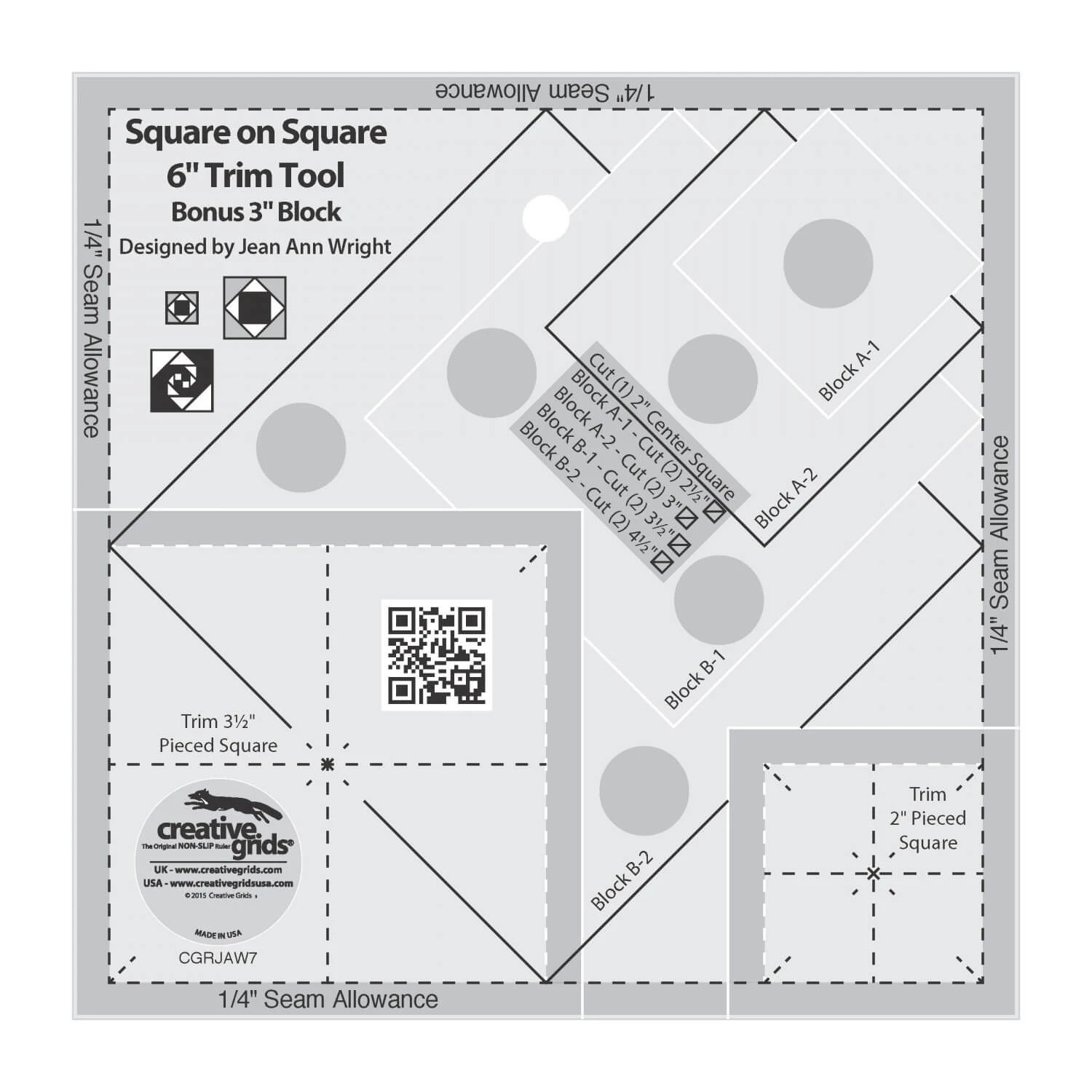 3" & 6 Inch Square In A Square Trim Tool - 2-in-1 Creative Grids Non Slip Ruler - Patchworklineal