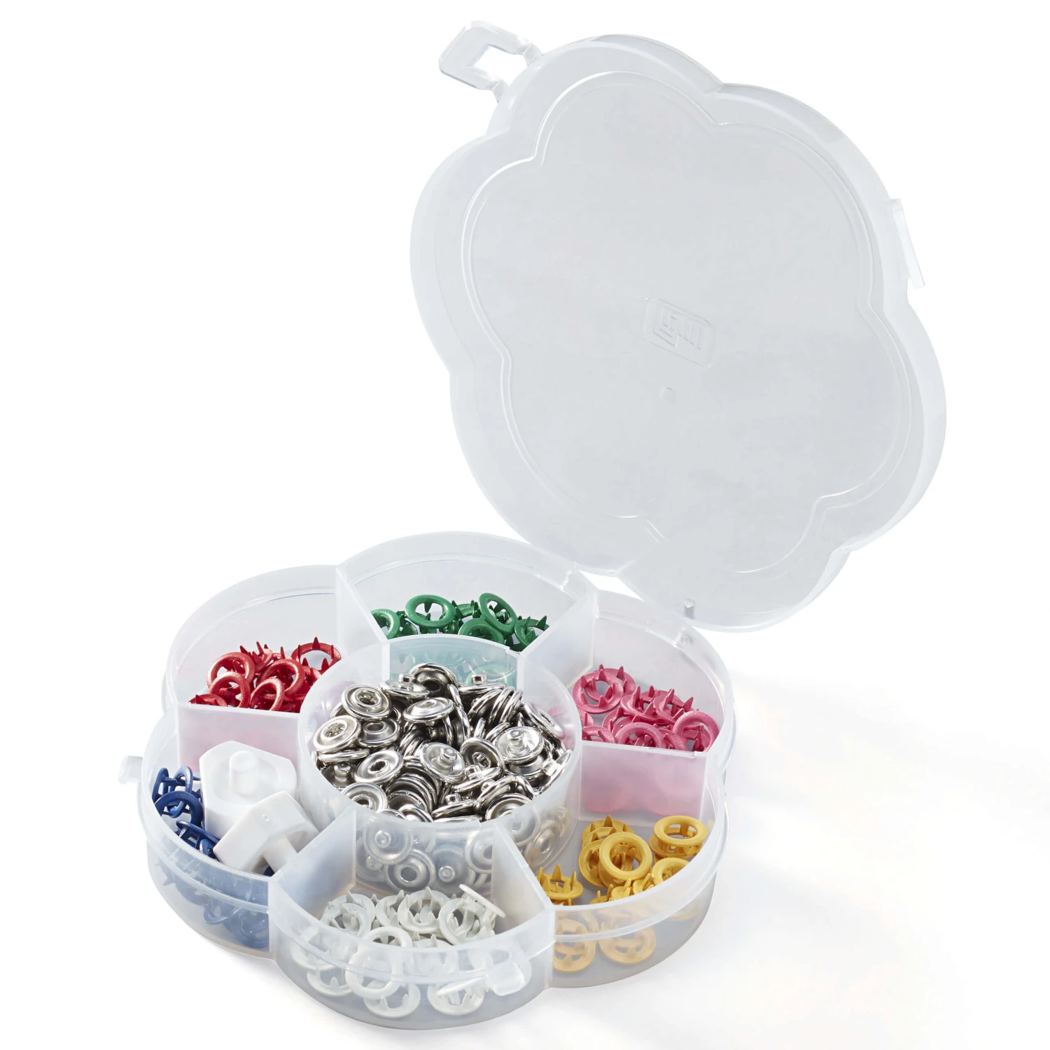 Buntes Sortiment In Blumenschatulle - 60 Jersey Nähfrei Druckknöpfe 8mm - Silber - PRYM Metalldruckknöpfe