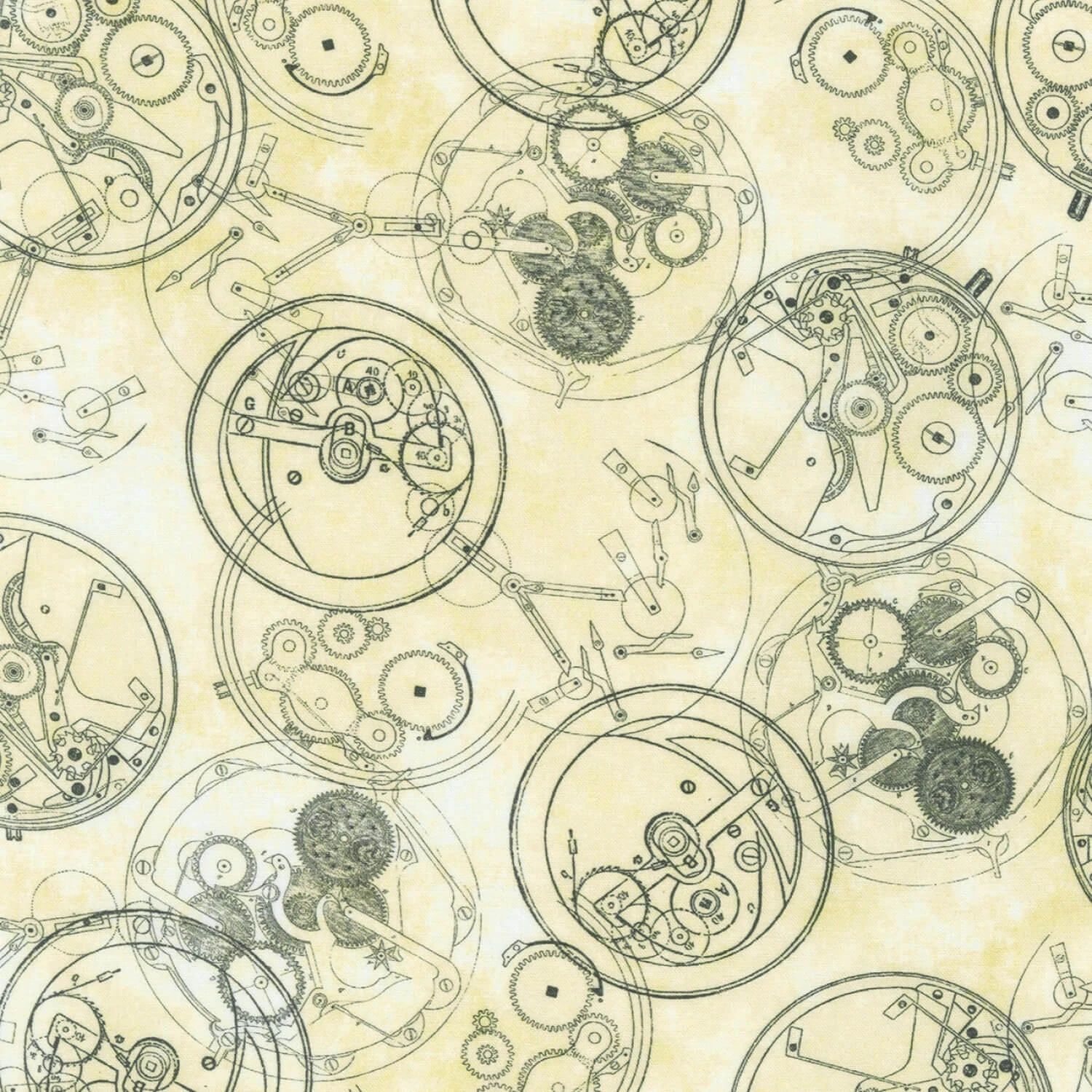 Uhrwerke & ZahnrÀder Motivstoff - Vintage Neutral Steam Punk Patchworkstoff - Natural Gears Instruments Of The Hours - DIGITALDRUCK! Robert Kaufman Motivstoffe