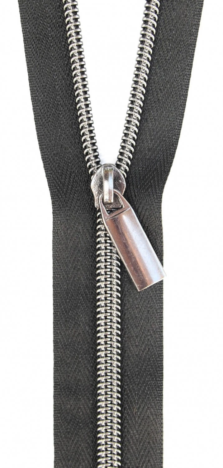 Altsilber "Gunmetal" & Schwarz Endlosreißverschluss & Zupfer - Silver / Black Zipper Mit Metallzähnen - Sallie Tomato